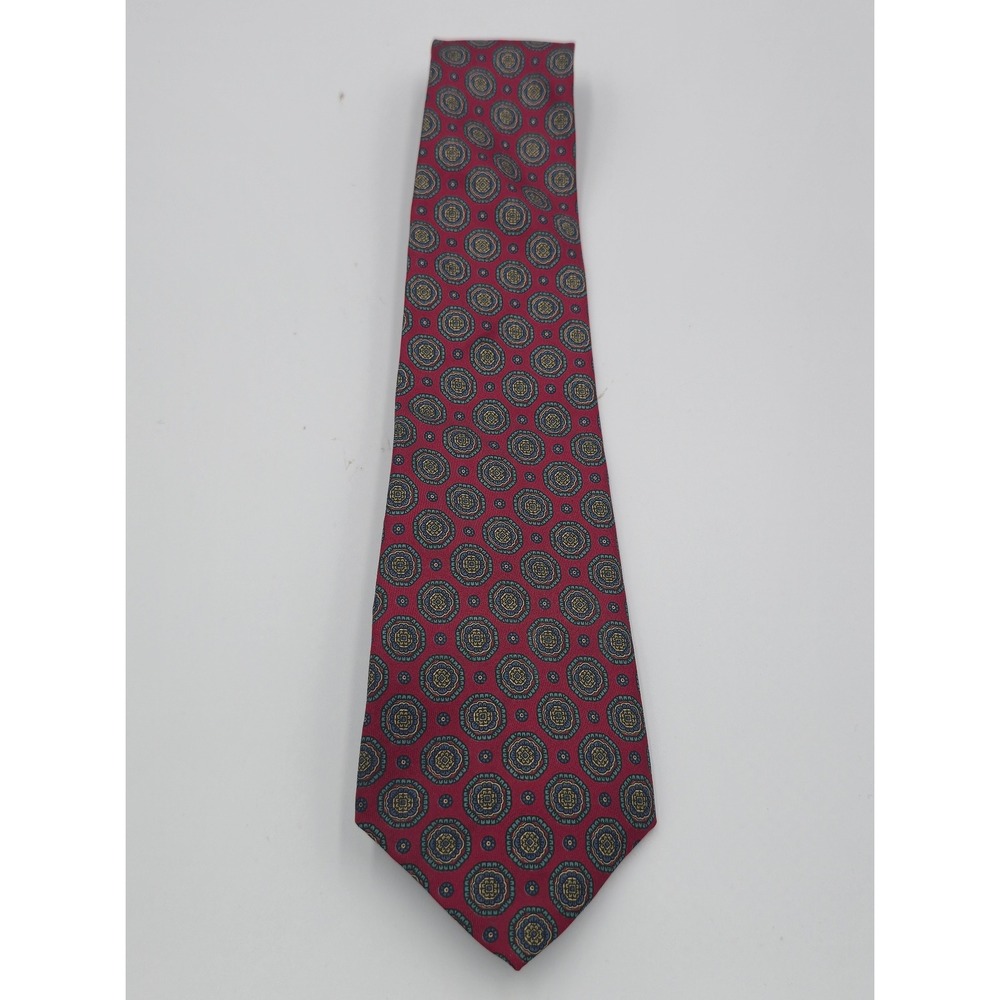 Mens Silk Medallion Necktie Burgundy Blue Gold Geometric Made in France Tie